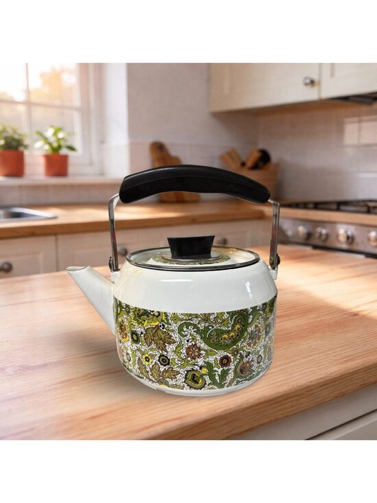 Fancipans Other - Vintage 1970s Paisley Enamel Tea Kettle With Swing Handle w Lid Green White MCM